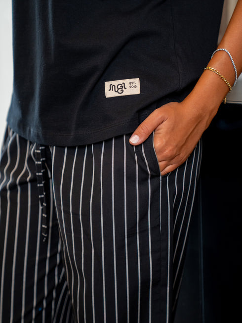 Women summer pajama set Black Tee + Black X White Stripes Pants